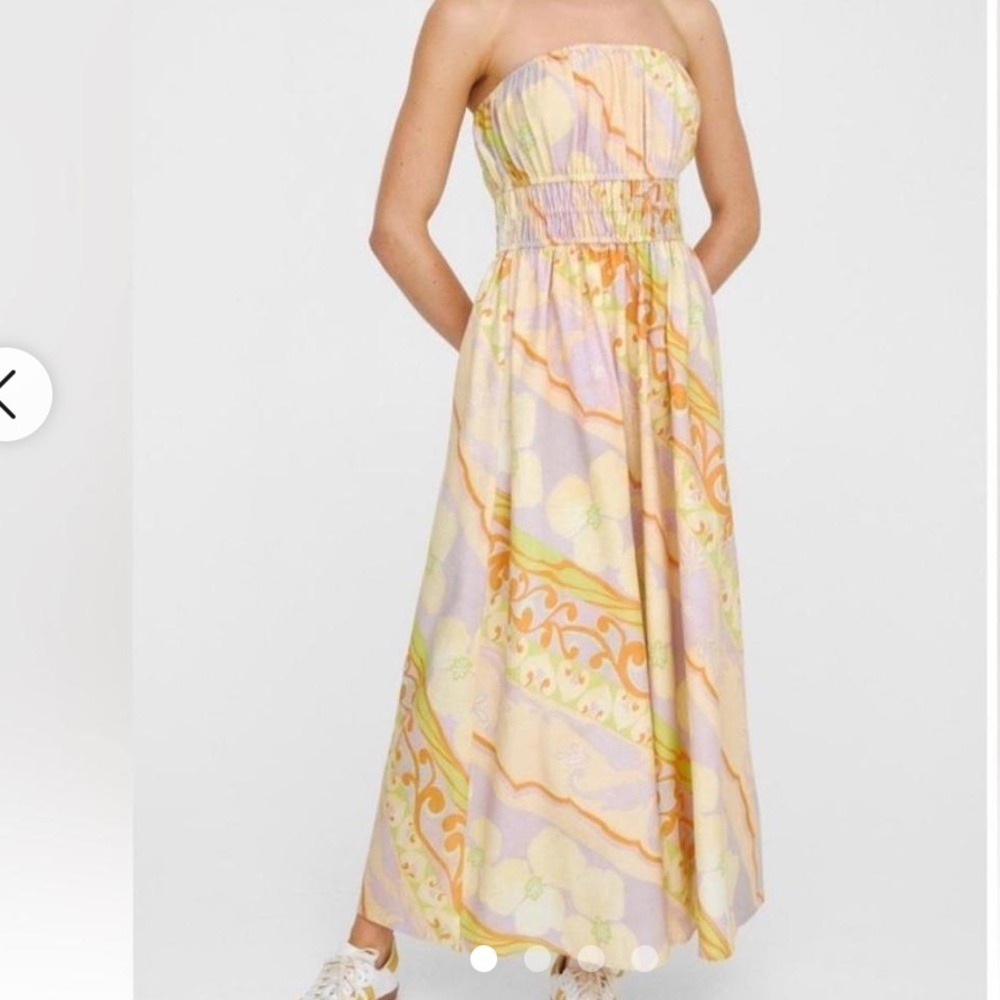 Strapless Floral Print Maxi Dress in Pastel Yellow and Lavender